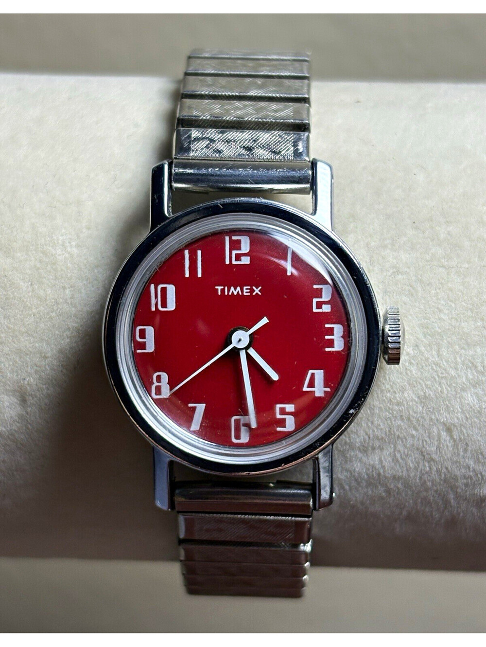 Timex Vintage Women's Mechanical Analog Watch Red Dial Silver Bracelet